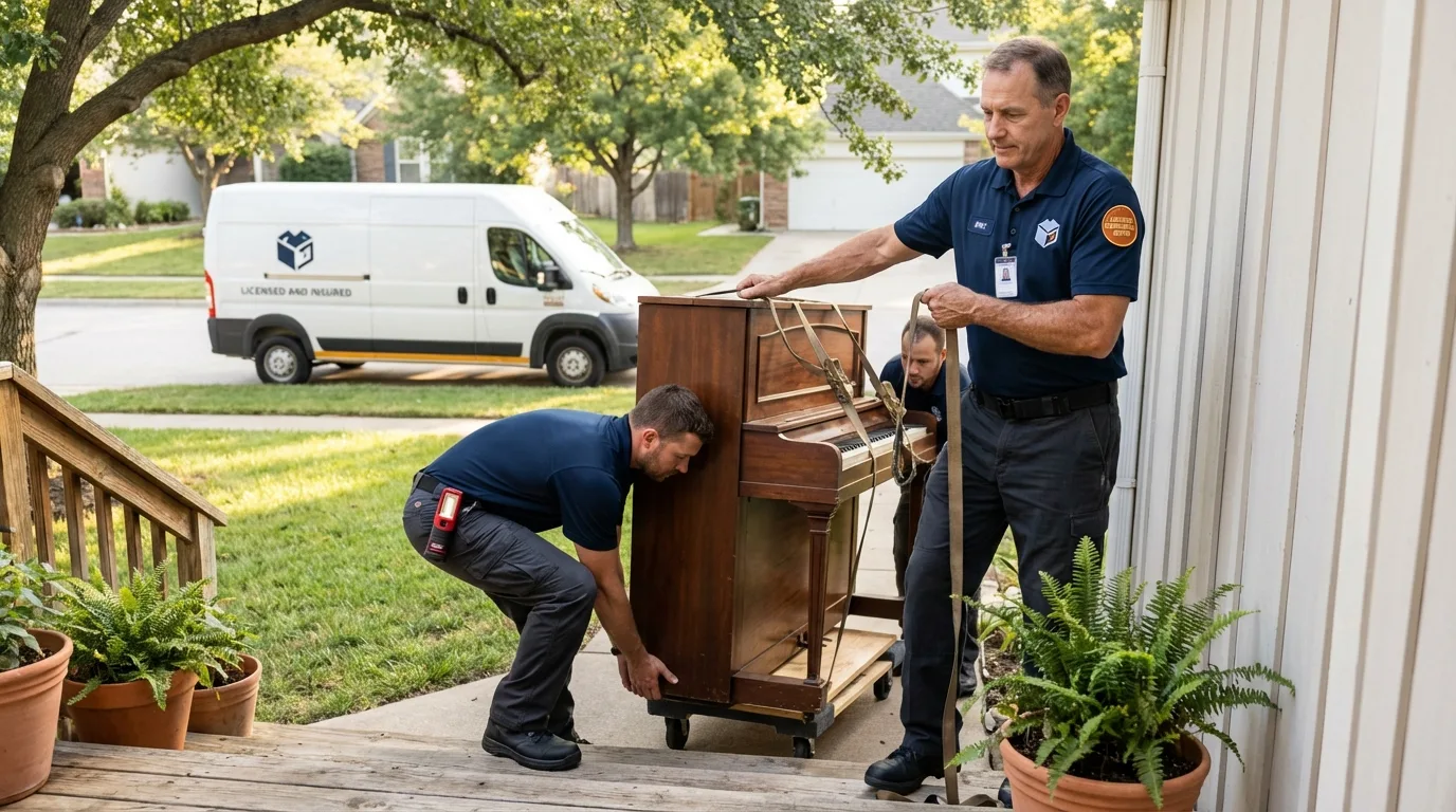 Licensed piano movers securing grand piano in Ambler, PA