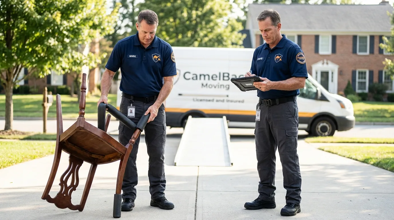 Movers inspecting furniture for damage prevention before loading in Ambler, PA