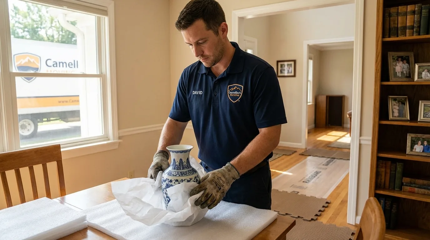 Professional crew carefully wrapping antique vase for senior downsizing move in Ambler, PA
